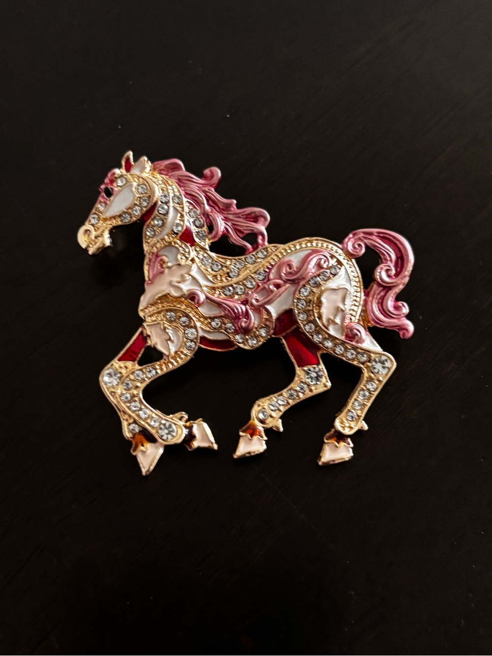 Gold & Pink Crystal Horse Brooch - Elegant Women's Jewelry